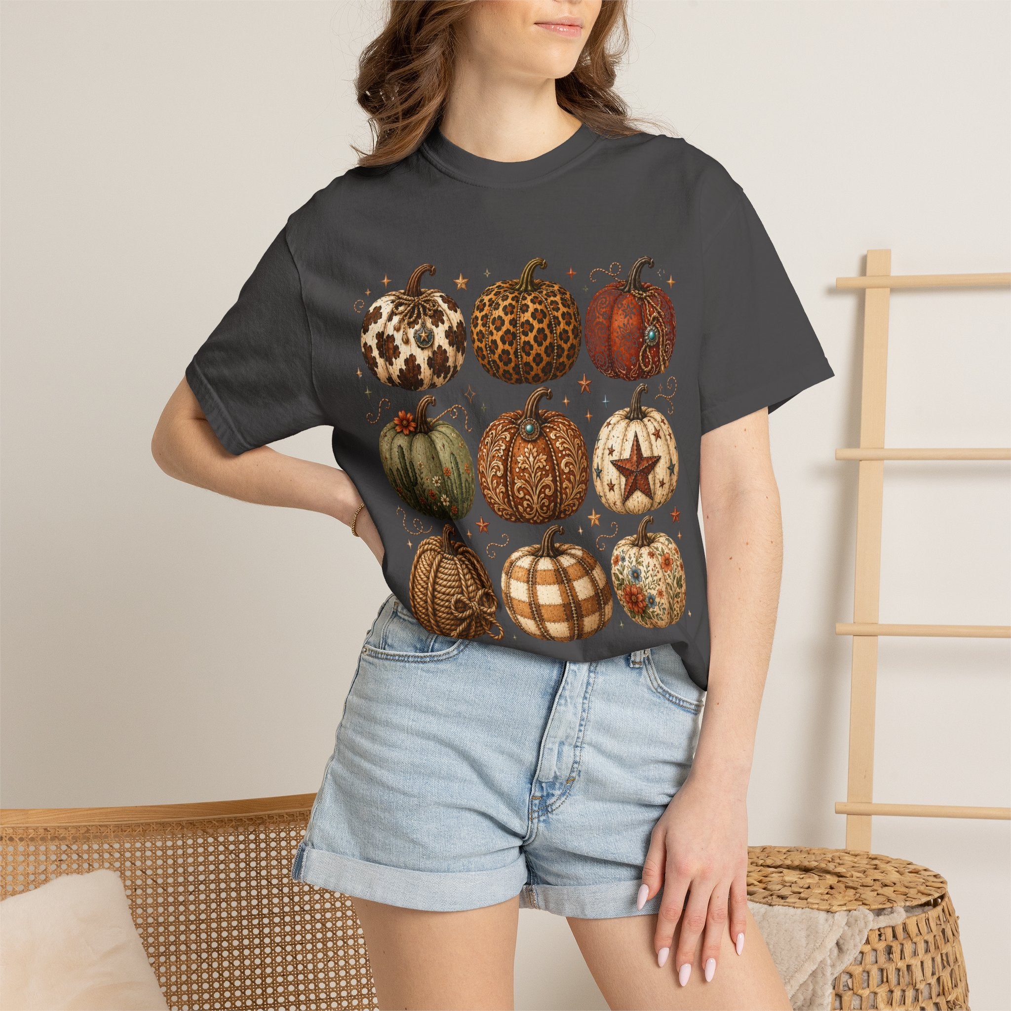 Vintage Patterned Pumpkins T-Shirt — Fall Buffalo Check & Leopard Pumpkin Graphic