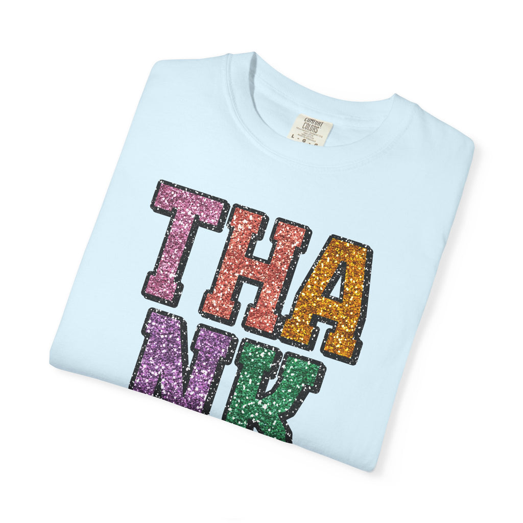 Thankful Glitter Block Tee - Colorful Thanksgiving Gratitude T-Shirt