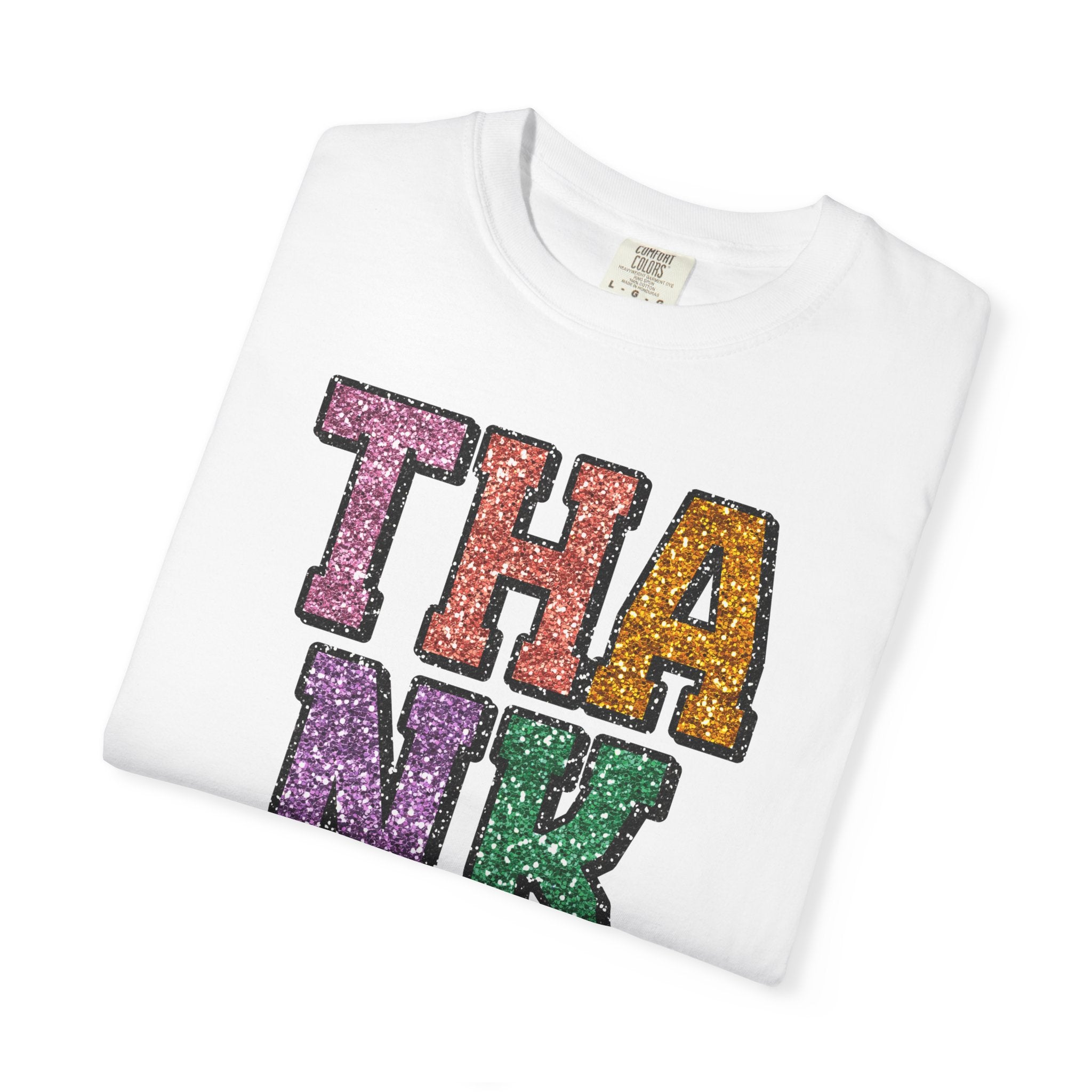 Thankful Glitter Block Tee - Colorful Thanksgiving Gratitude T-Shirt