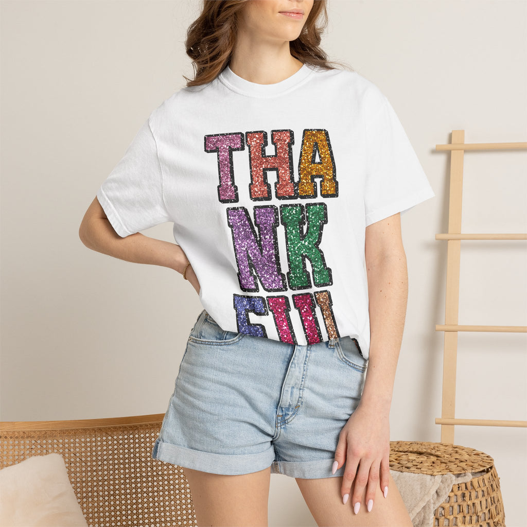 Thankful Glitter Block Tee - Colorful Thanksgiving Gratitude T-Shirt