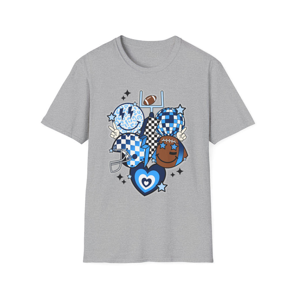 Blue Football Crew Graphic T‑Shirt — Checkerboard Smiley Tailgate Tee