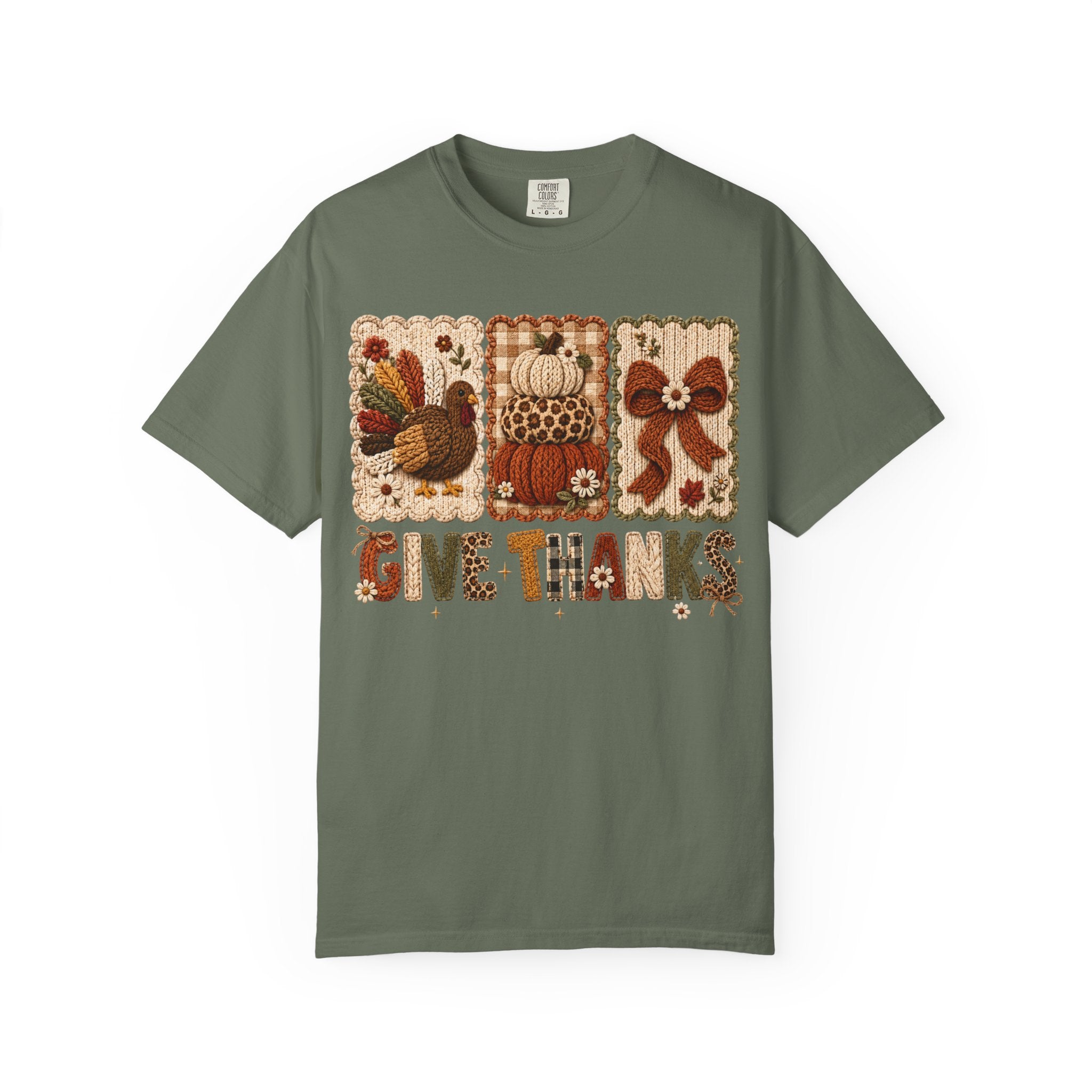 Give Thanks Thanksgiving T-Shirt — Autumn Turkey, Pumpkin & Bow Fall Tee