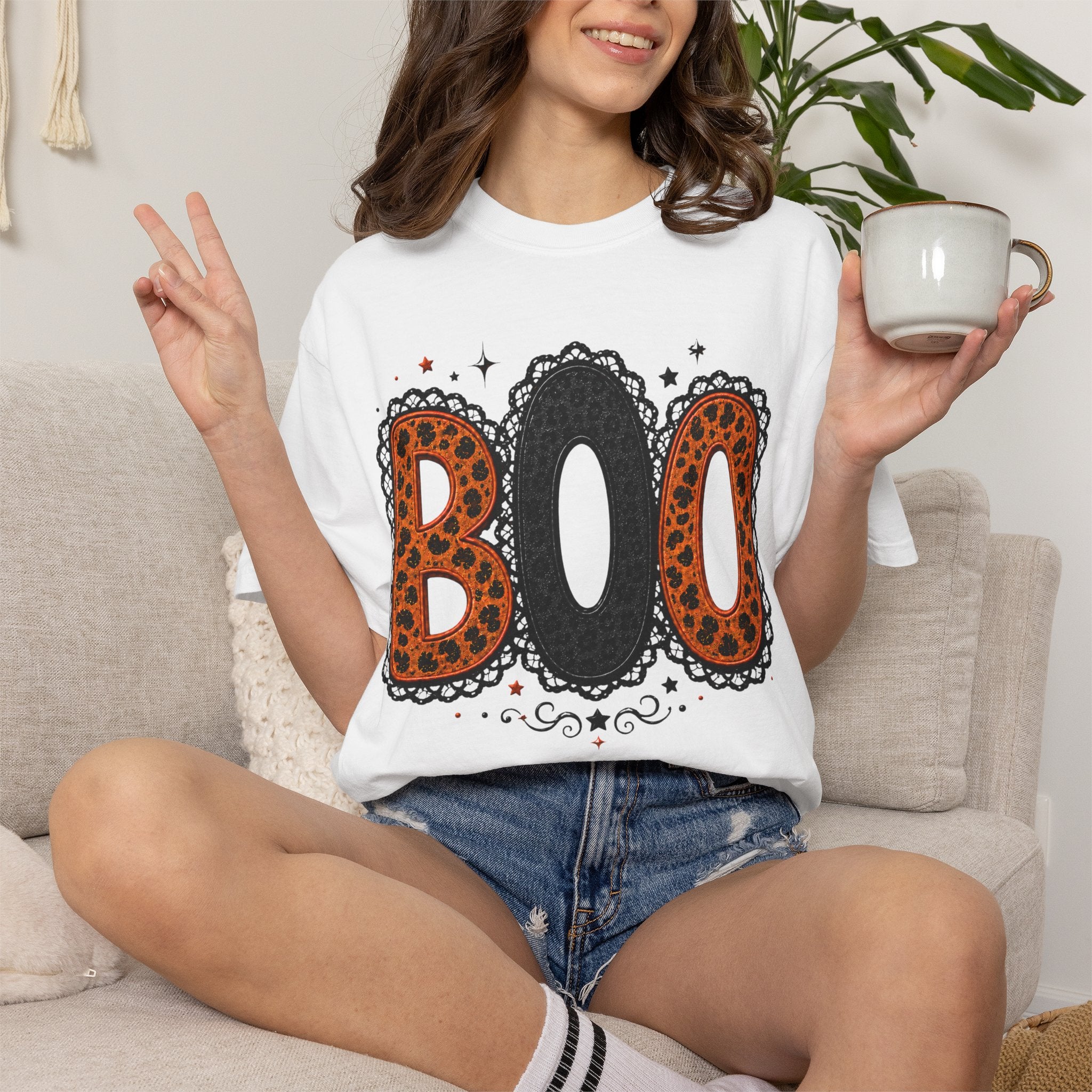 BOO Halloween T-Shirt — Vintage Lace Orange & Black Graphic Tee