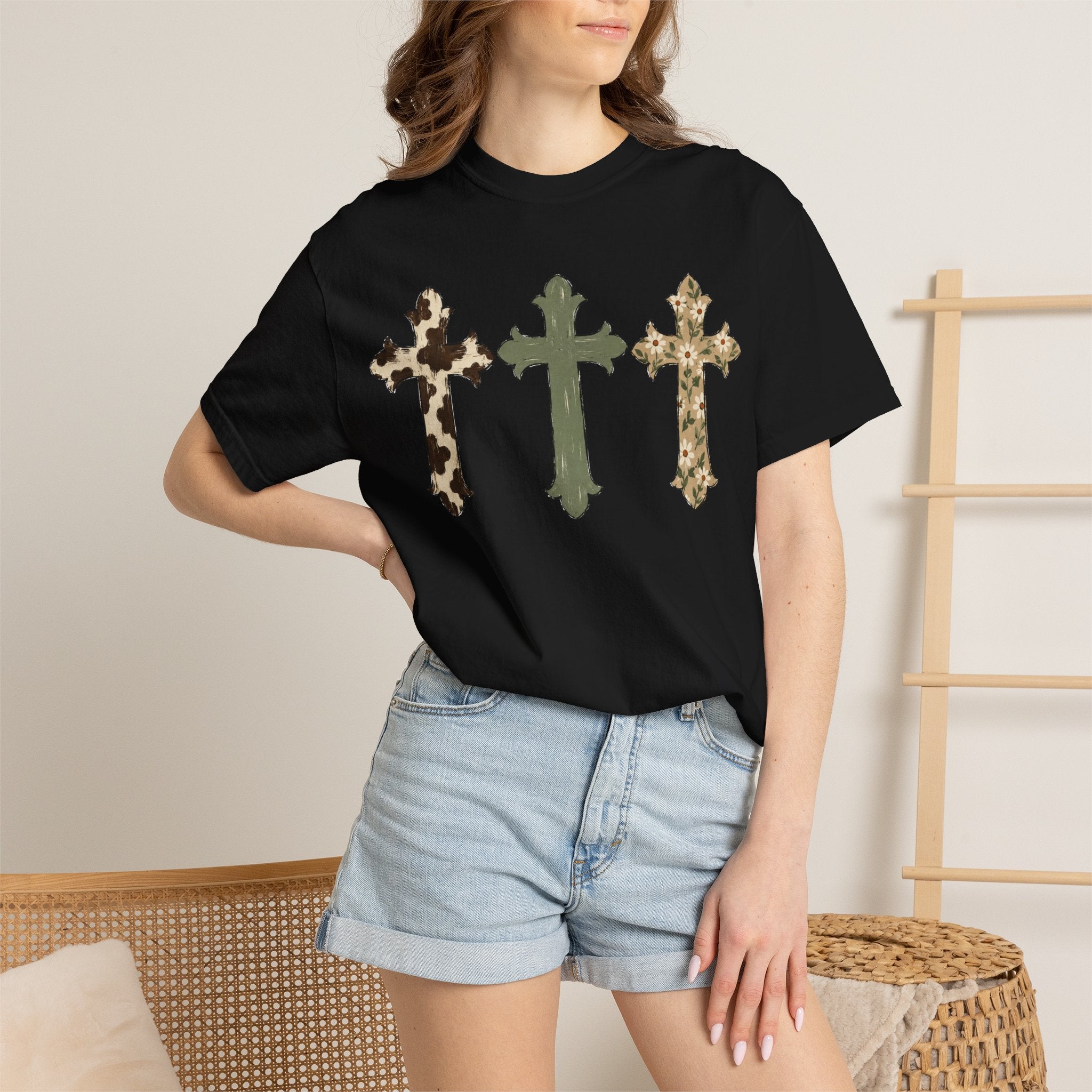 Cowhide Crosses T‑Shirt — Southwestern Floral Christian Tee