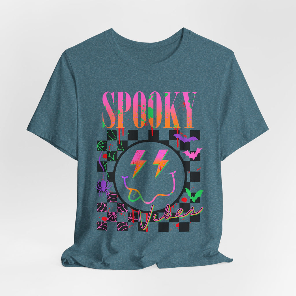 Spooky Checkerboard Tee — Neon Ghost Lightning Graphic T‑Shirt