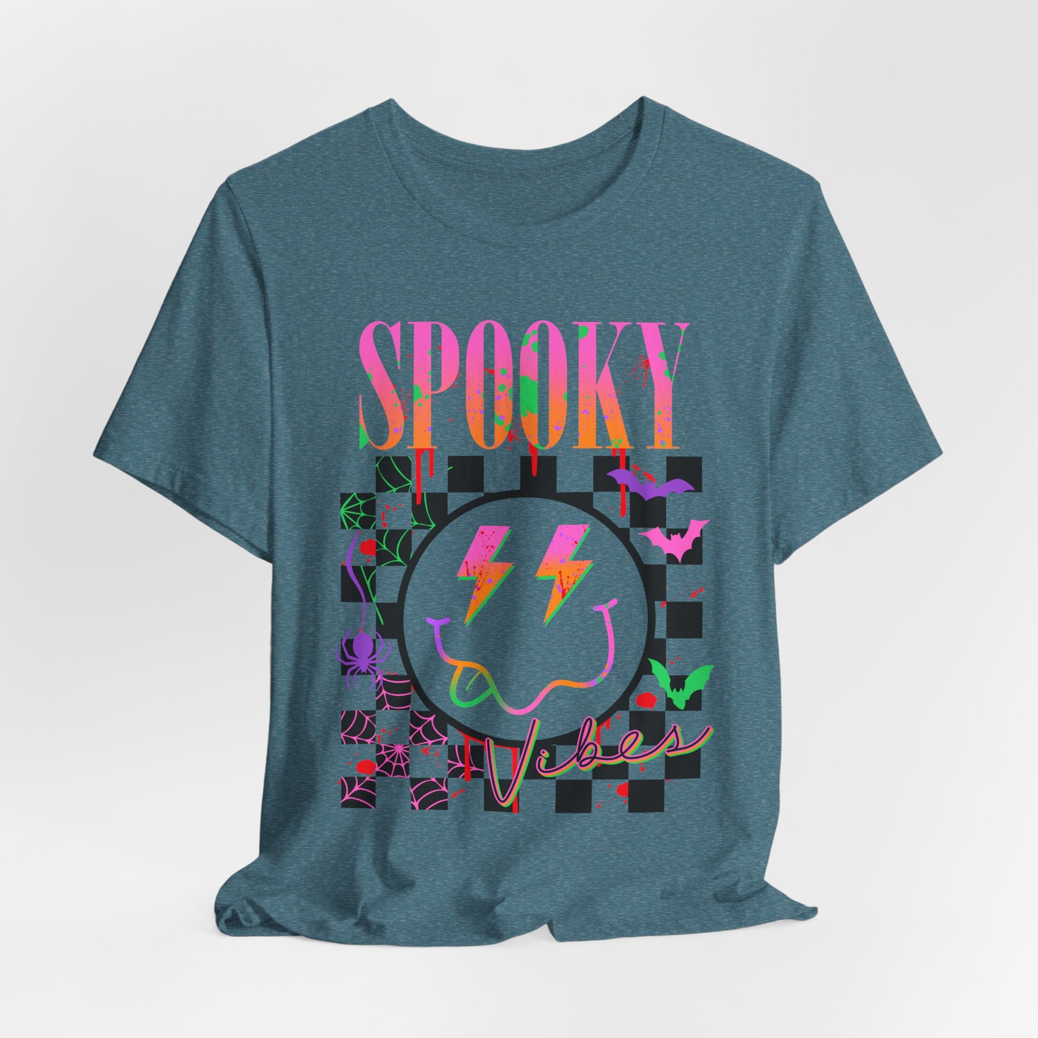Spooky Checkerboard Tee — Neon Ghost Lightning Graphic T‑Shirt