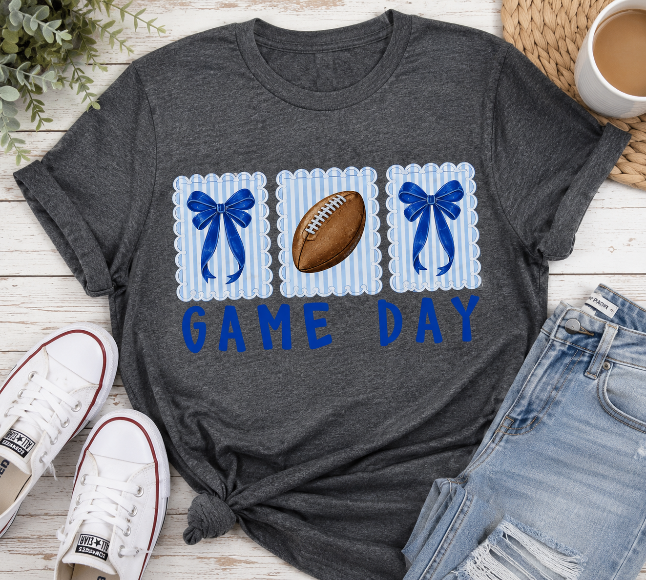 Game Day Football Tee with Blue Bows