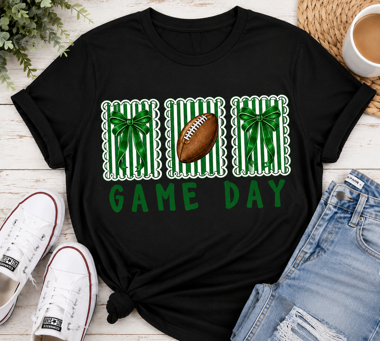 Game Day Football Tee — Green Striped Gift Box Design