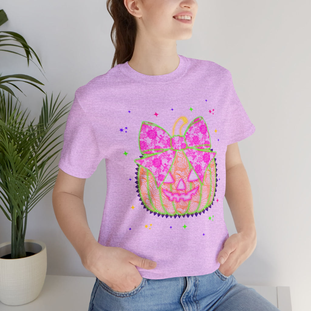 Neon Pumpkin Bow T-Shirt — Cute Glowing Halloween Jack-O'-Lantern Tee
