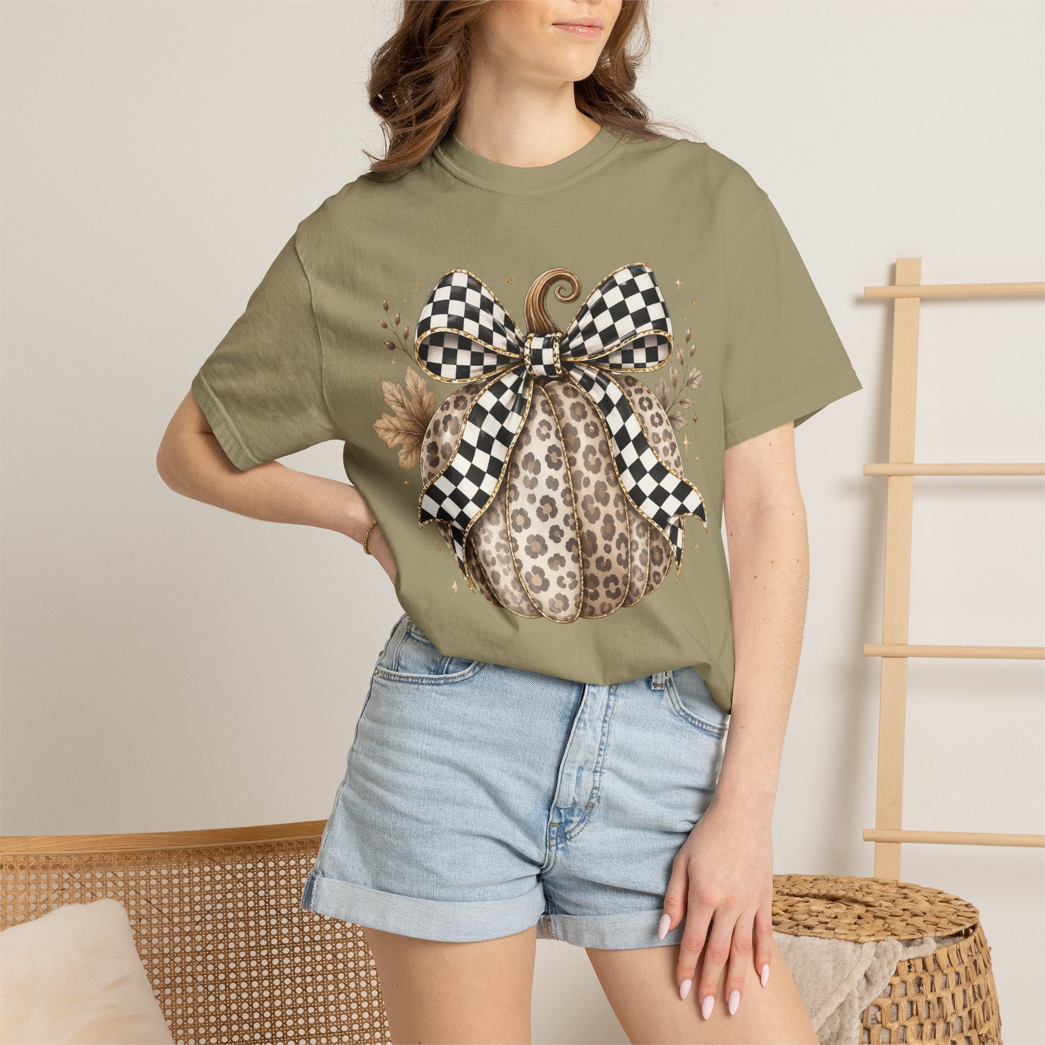 Leopard Pumpkin Tee with Black & White Check Bow — Fall Graphic T-Shirt