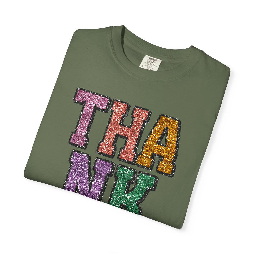 Thankful Glitter Block Tee - Colorful Thanksgiving Gratitude T-Shirt