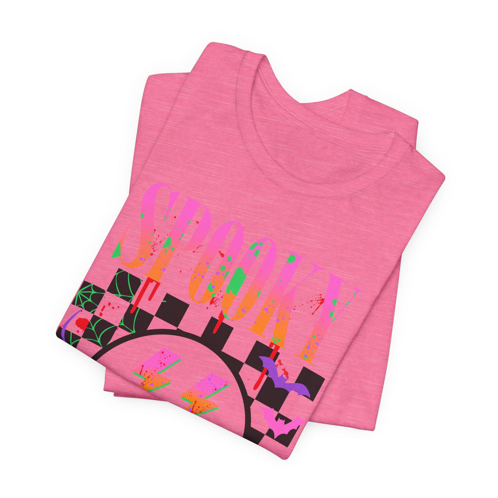 Spooky Checkerboard Tee — Neon Ghost Lightning Graphic T‑Shirt