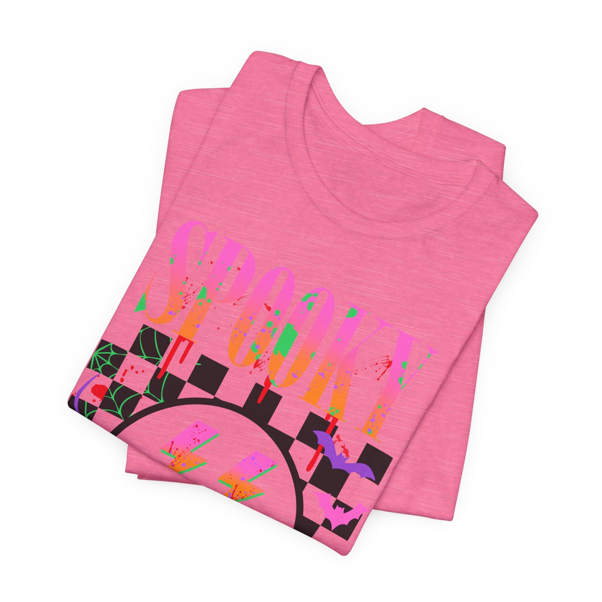Spooky Checkerboard Tee — Neon Ghost Lightning Graphic T‑Shirt
