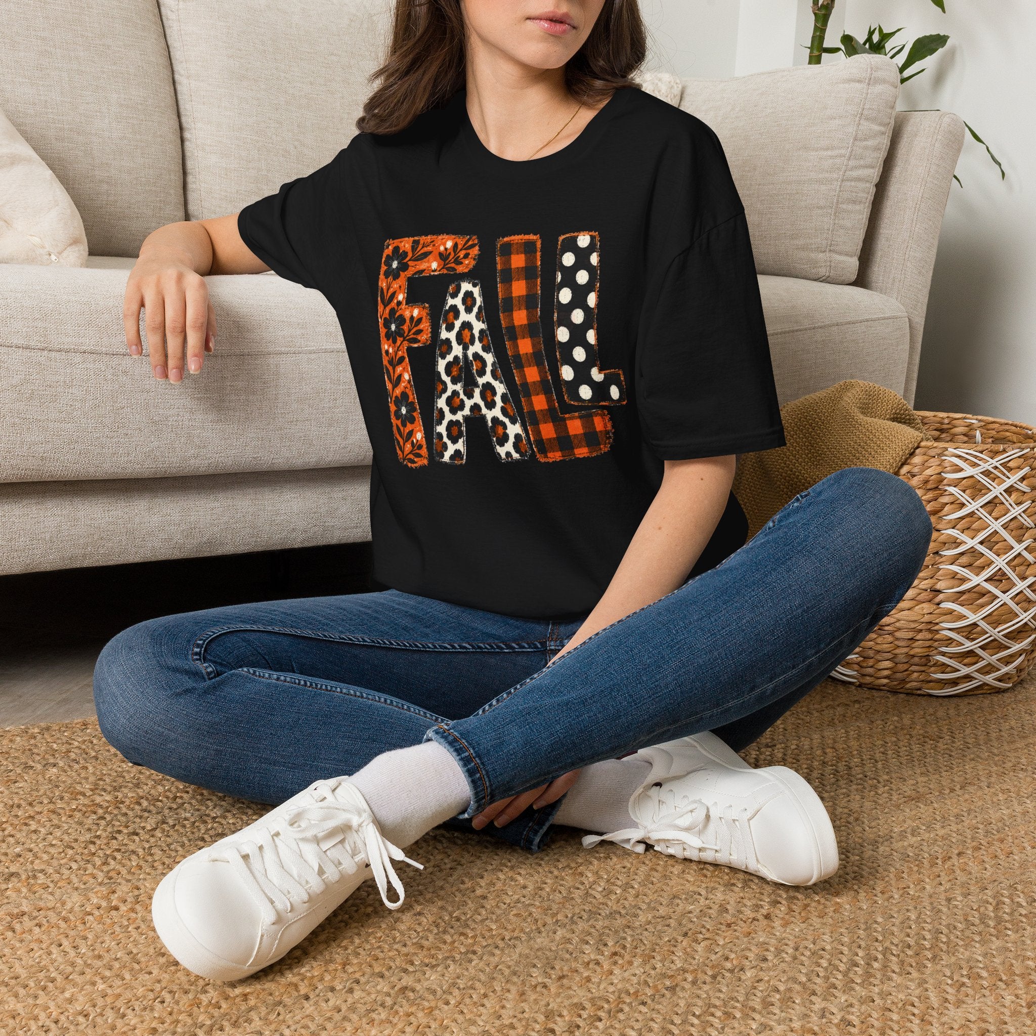 Fall Pattern Lettering T-Shirt — Plaid, Leopard & Polka Dot Seasonal Tee