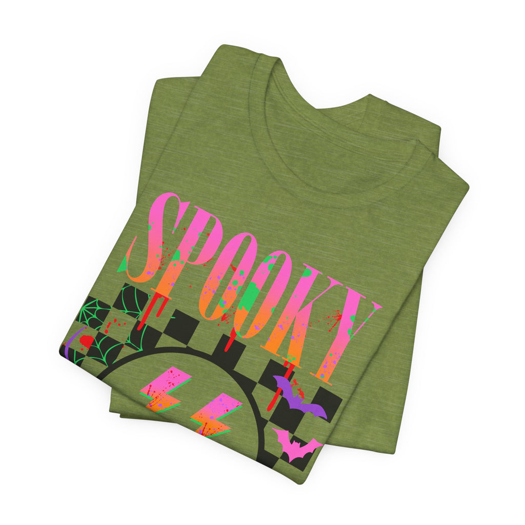 Spooky Checkerboard Tee — Neon Ghost Lightning Graphic T‑Shirt