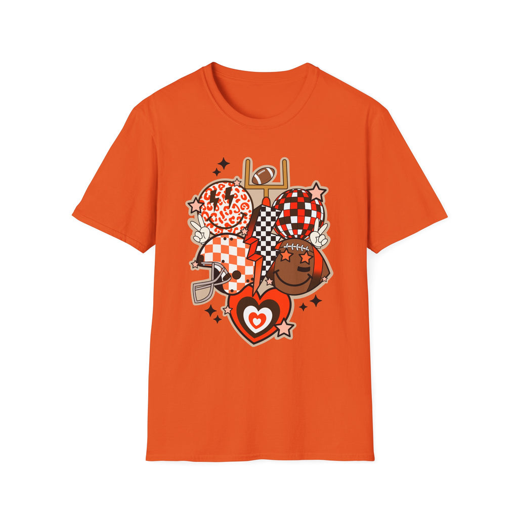 Checker Football Balloons Tee — Orange Game Day Shirt