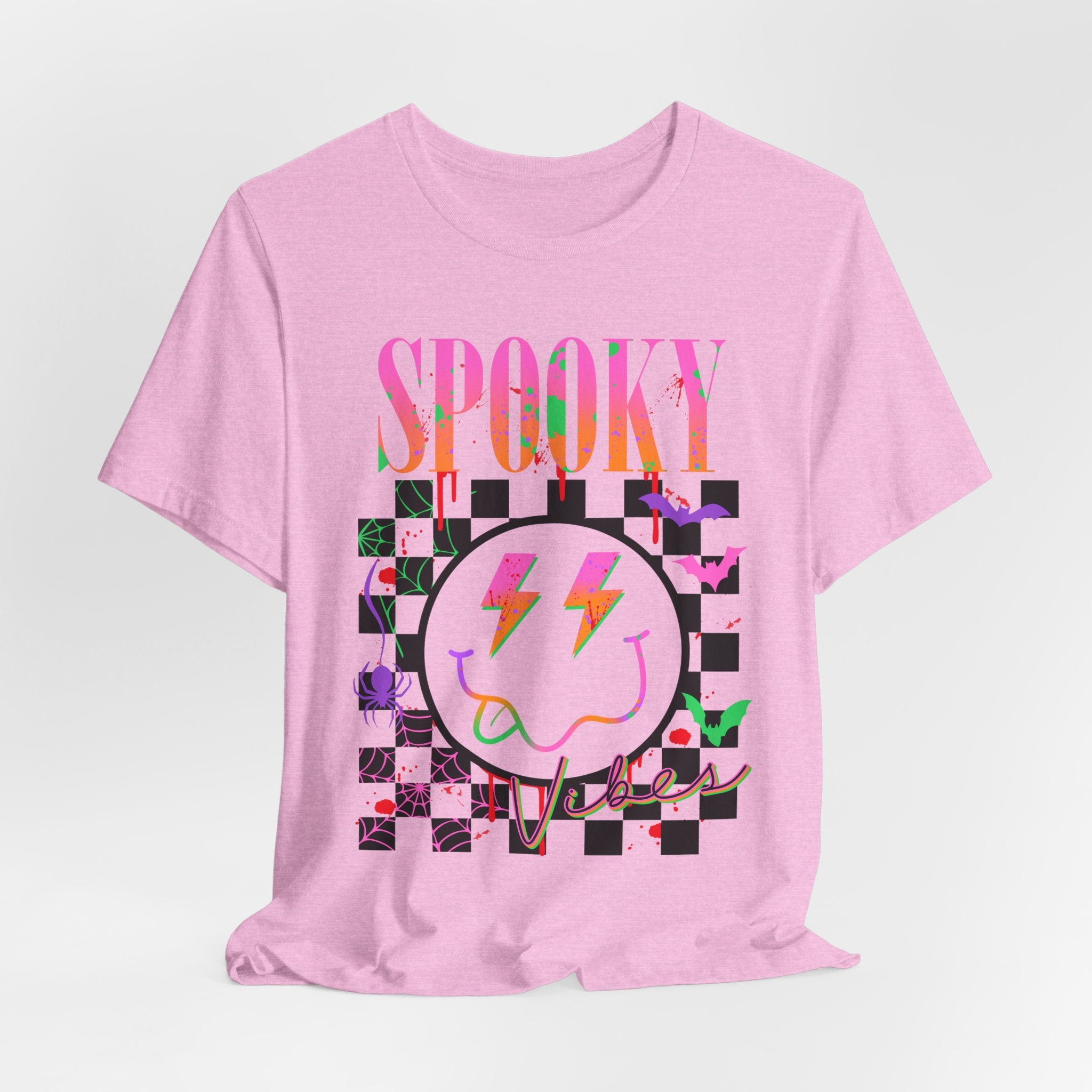 Spooky Checkerboard Tee — Neon Ghost Lightning Graphic T‑Shirt