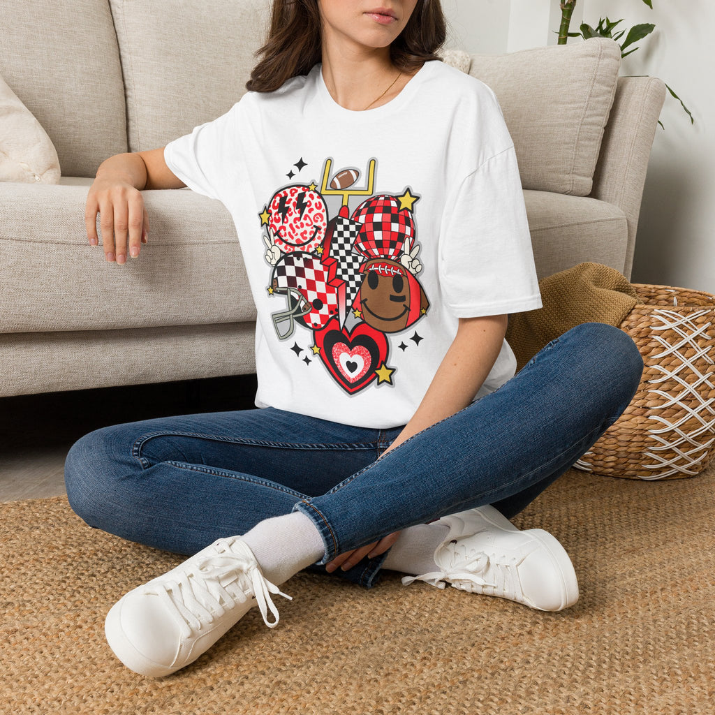 Football Love Graphic T-Shirt — Cute Checker & Heart Helmet Design