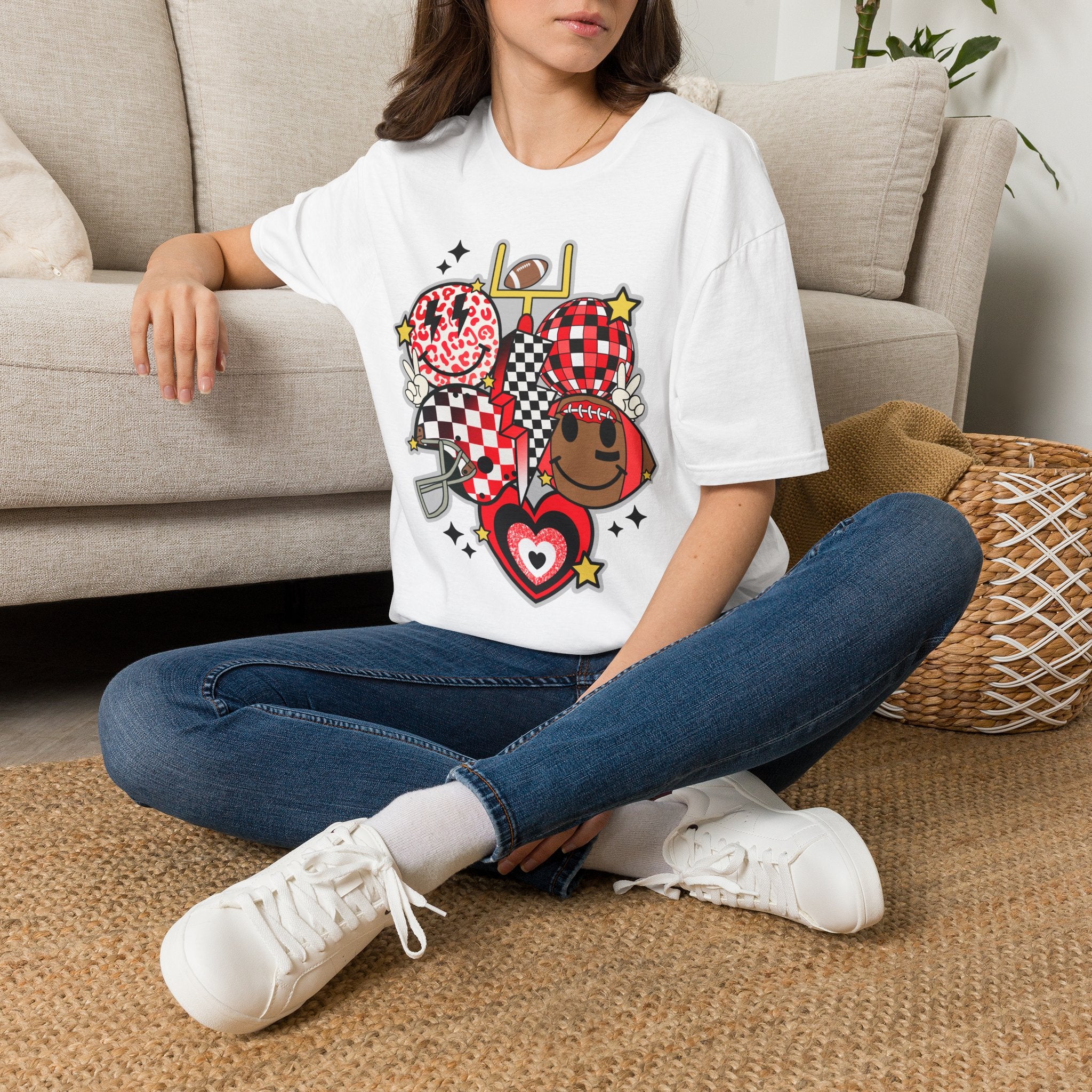 Football Love Graphic T-Shirt — Cute Checker & Heart Helmet Design
