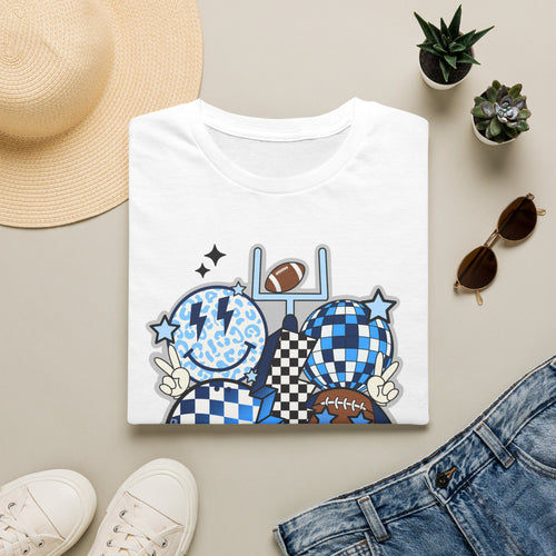 Blue Football Crew Graphic T‑Shirt — Checkerboard Smiley Tailgate Tee