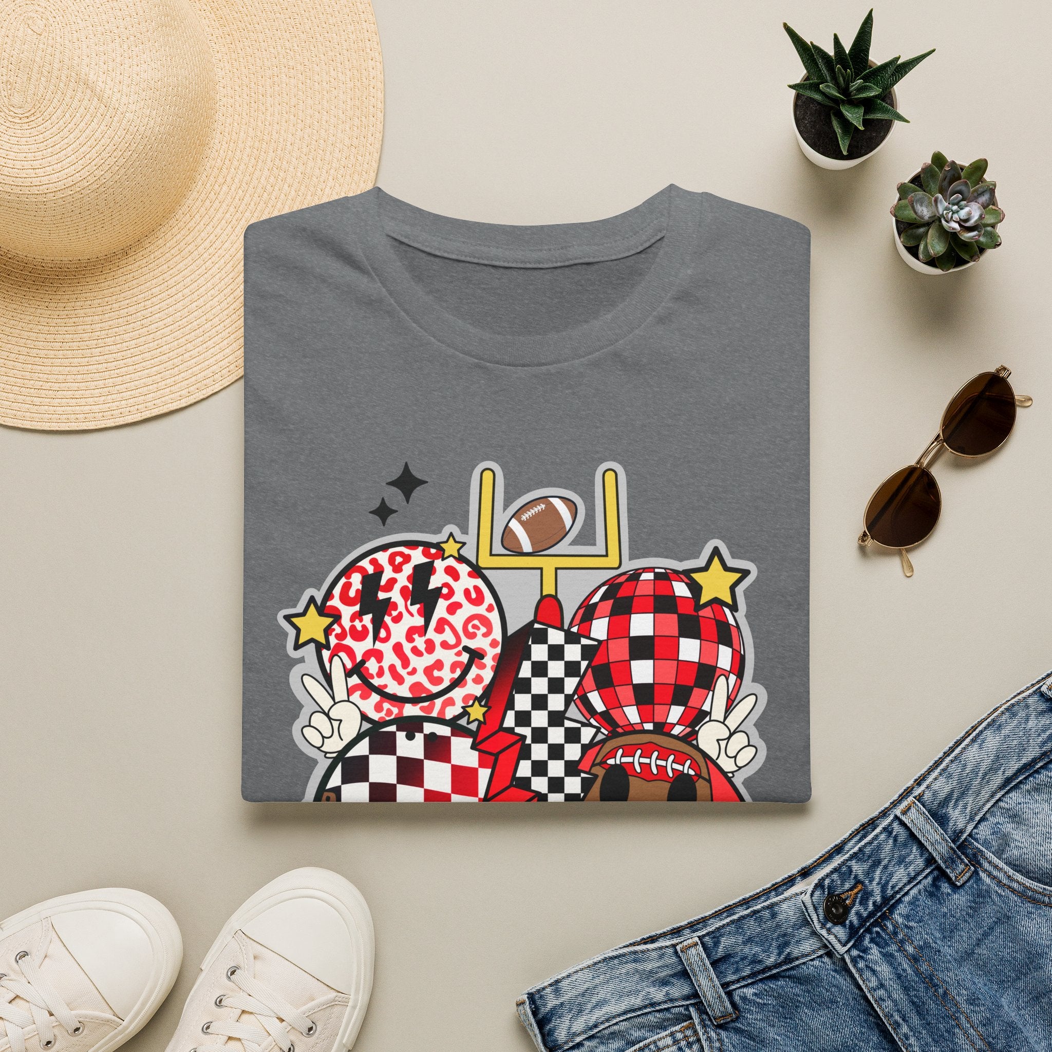 Football Love Graphic T-Shirt — Cute Checker & Heart Helmet Design