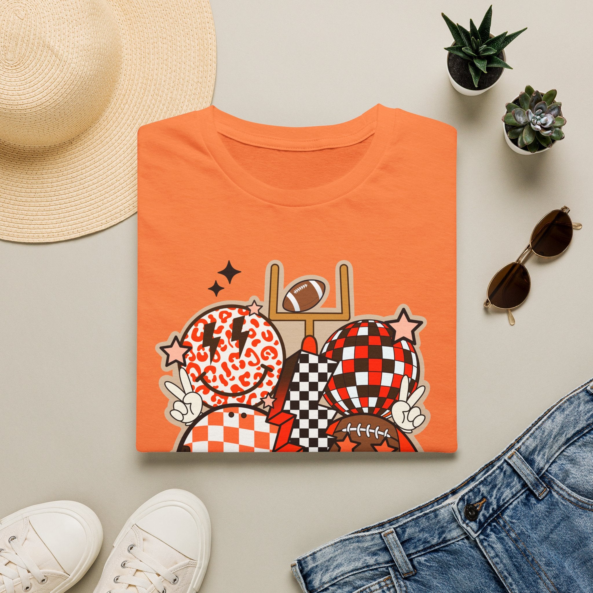 Checker Football Balloons Tee — Orange Game Day Shirt