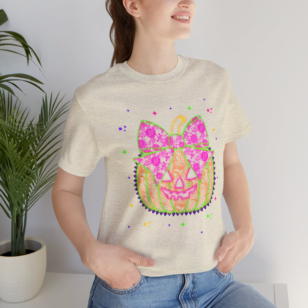 Neon Pumpkin Bow T-Shirt — Cute Glowing Halloween Jack-O'-Lantern Tee