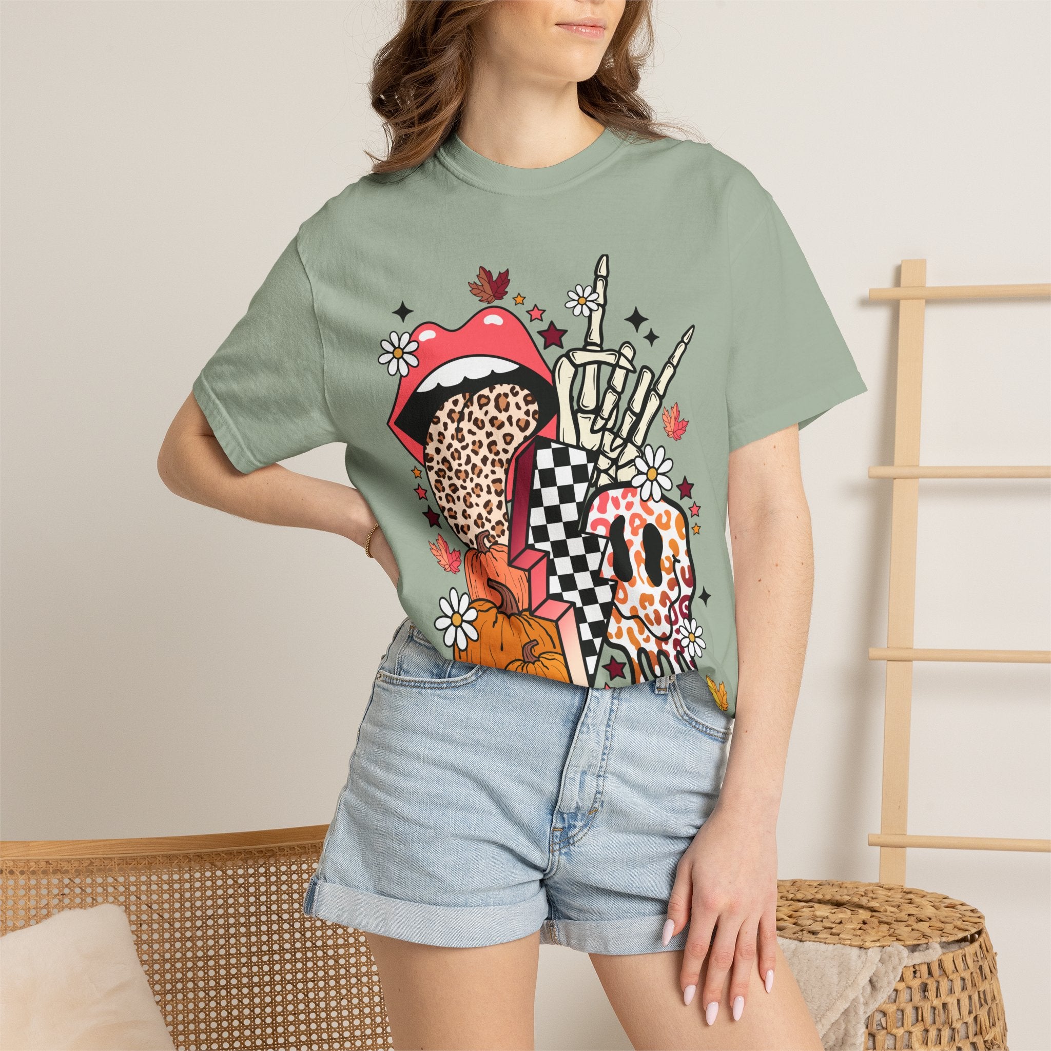 Graphic T-Shirt — Retro Halloween Collage (pumpkin, melting skull, checkerboard, leopard tongue)