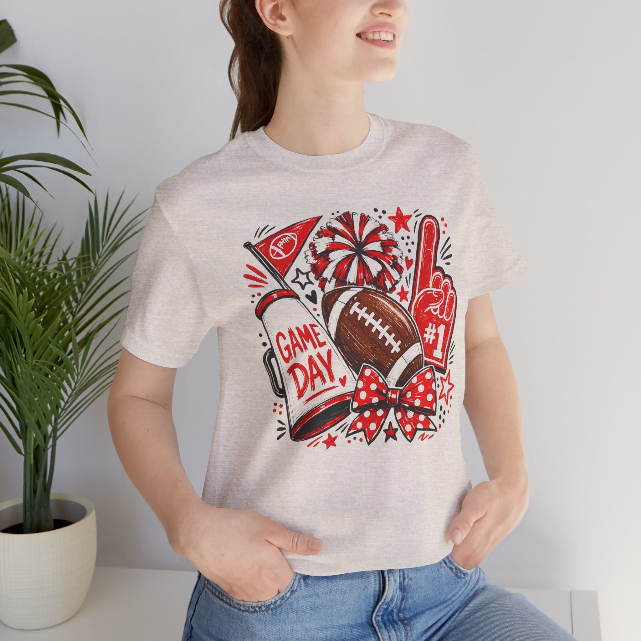 Game Day Football Tee — Red & White Fan Graphic T-Shirt