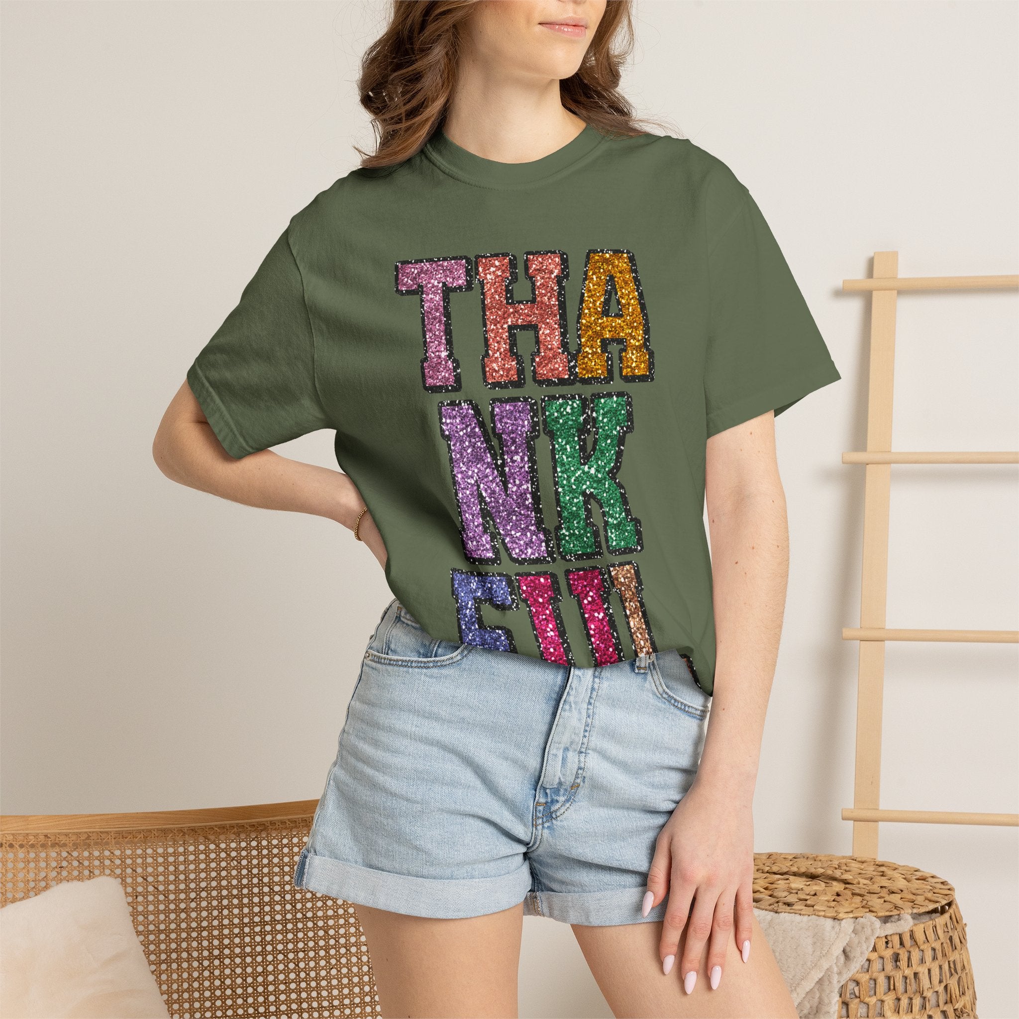 Thankful Glitter Block Tee - Colorful Thanksgiving Gratitude T-Shirt