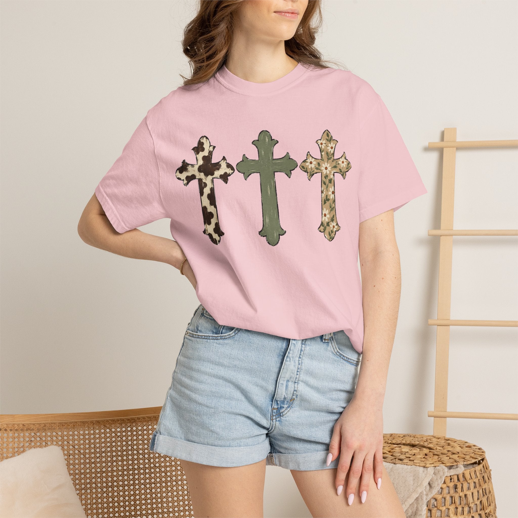 Cowhide Crosses T‑Shirt — Southwestern Floral Christian Tee