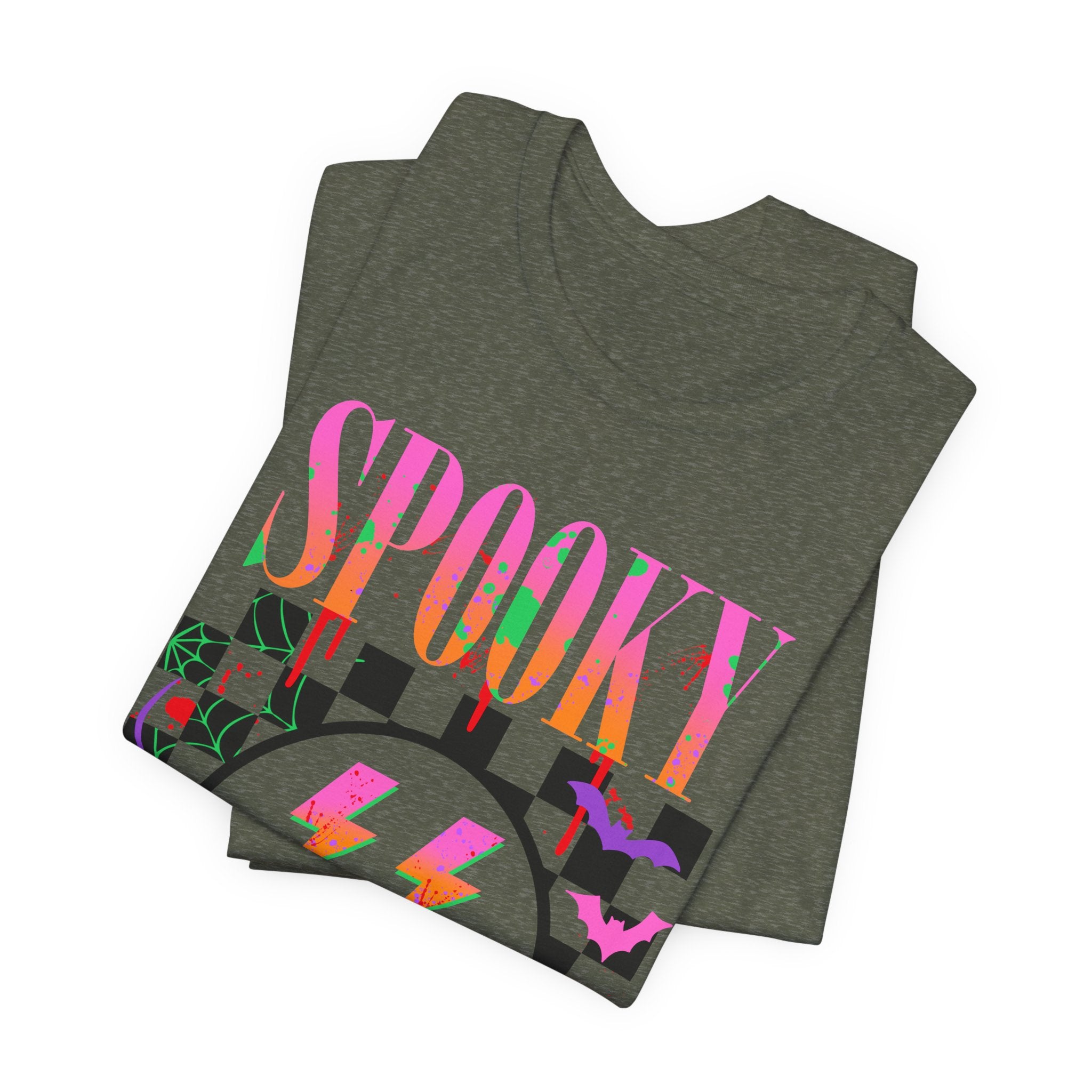 Spooky Checkerboard Tee — Neon Ghost Lightning Graphic T‑Shirt