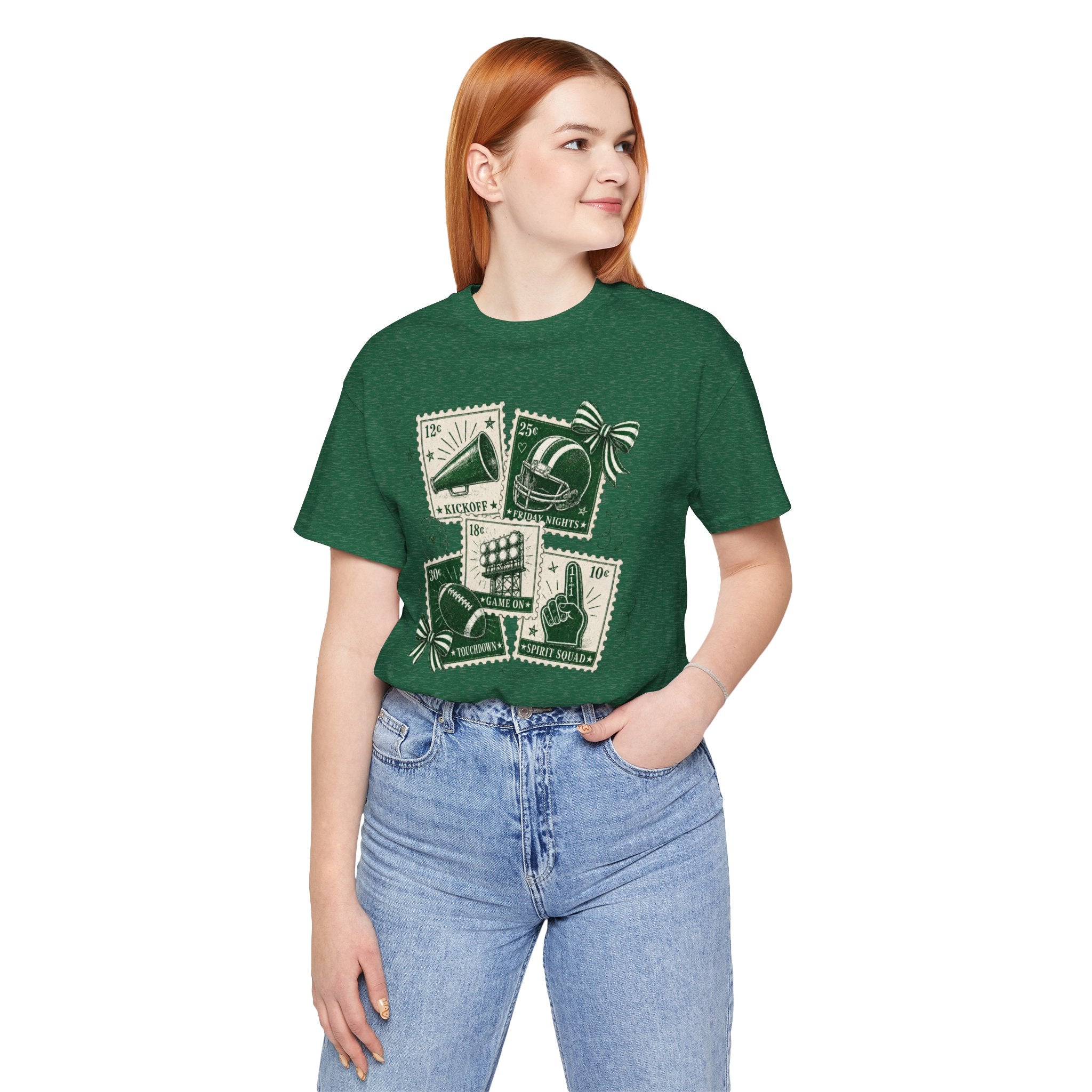 Vintage Sports Stamp Tee — Green Football & Fan Icons