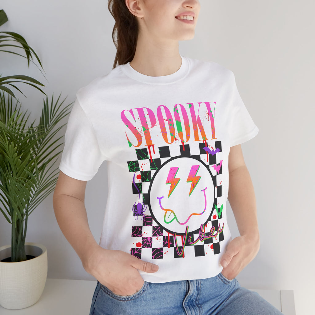 Spooky Checkerboard Tee — Neon Ghost Lightning Graphic T‑Shirt