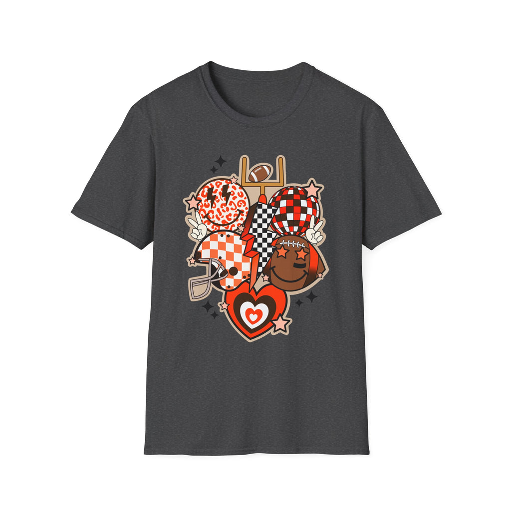 Checker Football Balloons Tee — Orange Game Day Shirt