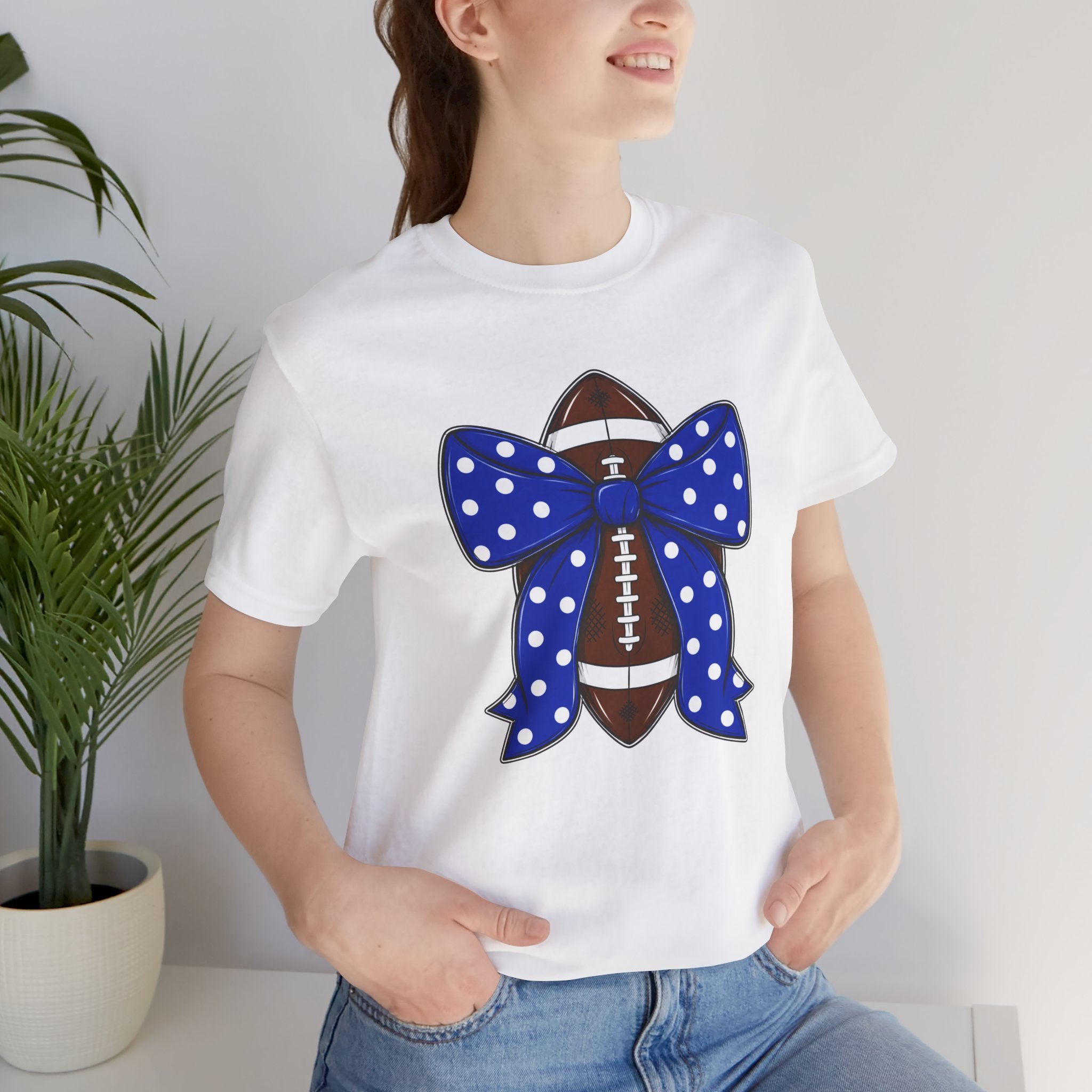 Football with Blue Polka Dot Bow T-Shirt