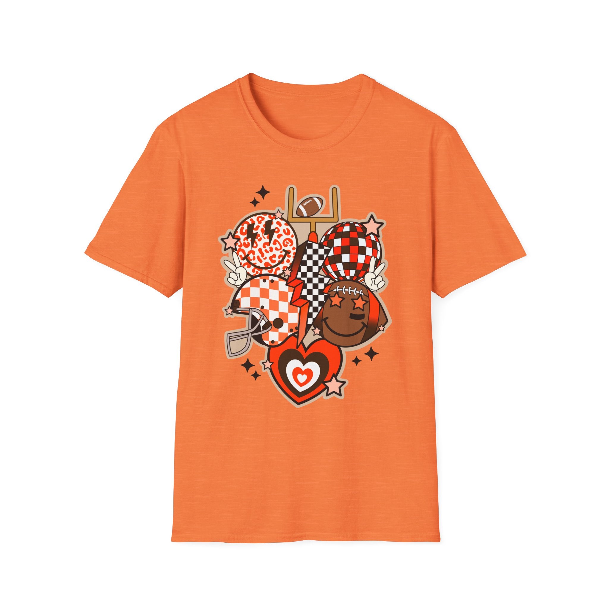 Checker Football Balloons Tee — Orange Game Day Shirt