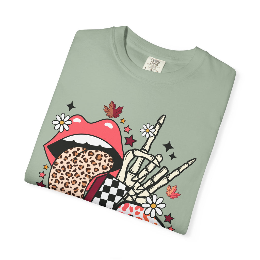 Graphic T-Shirt — Retro Halloween Collage (pumpkin, melting skull, checkerboard, leopard tongue)