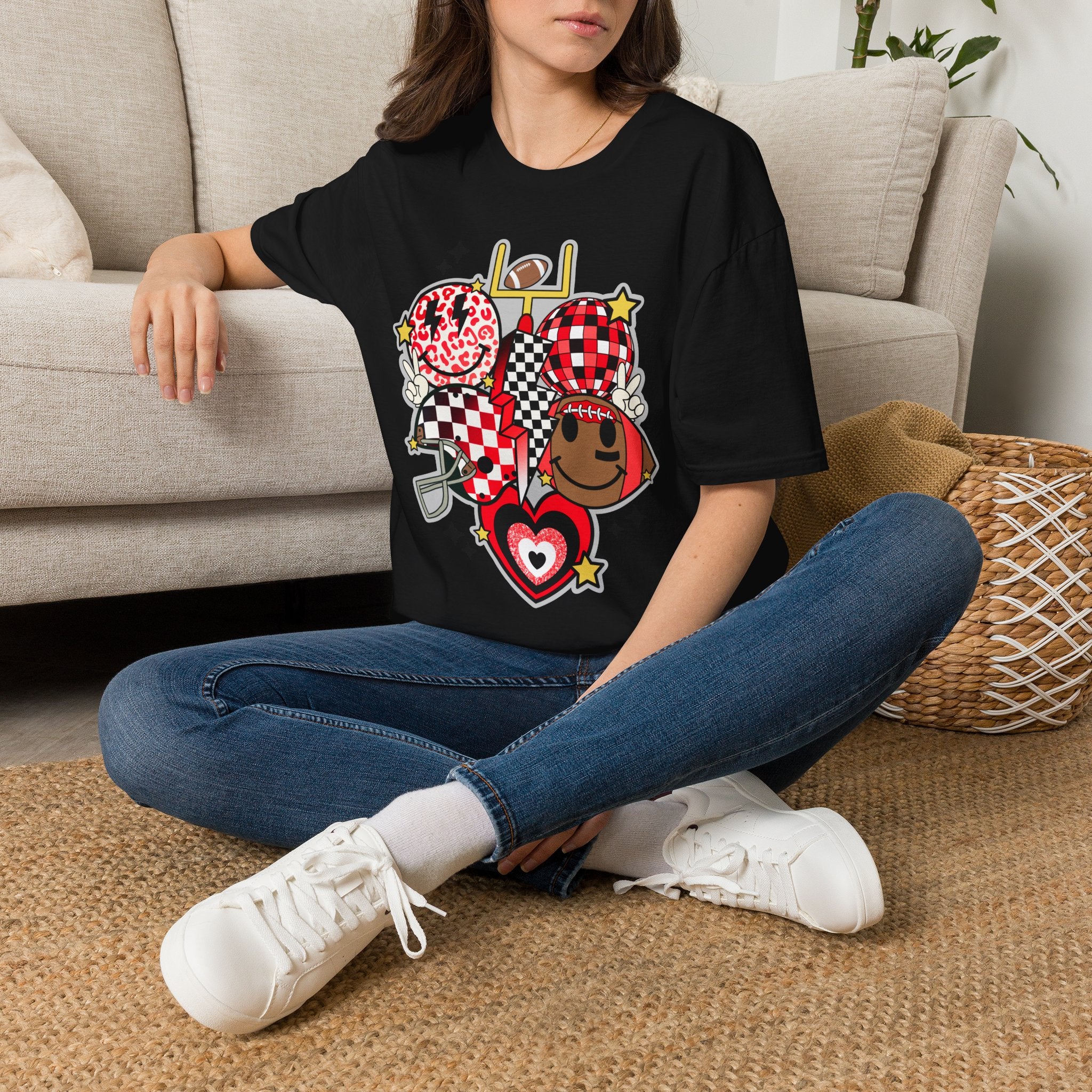 Football Love Graphic T-Shirt — Cute Checker & Heart Helmet Design