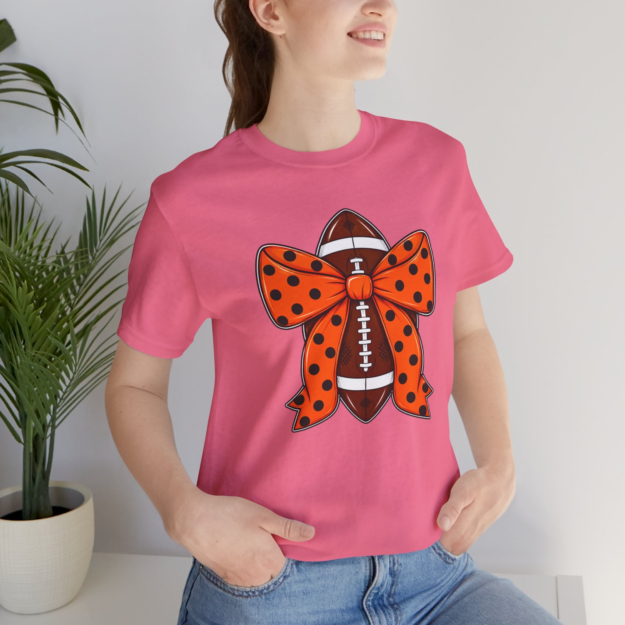 Football Bow Tee – Polka Dot Orange Ribbon Football Shirt