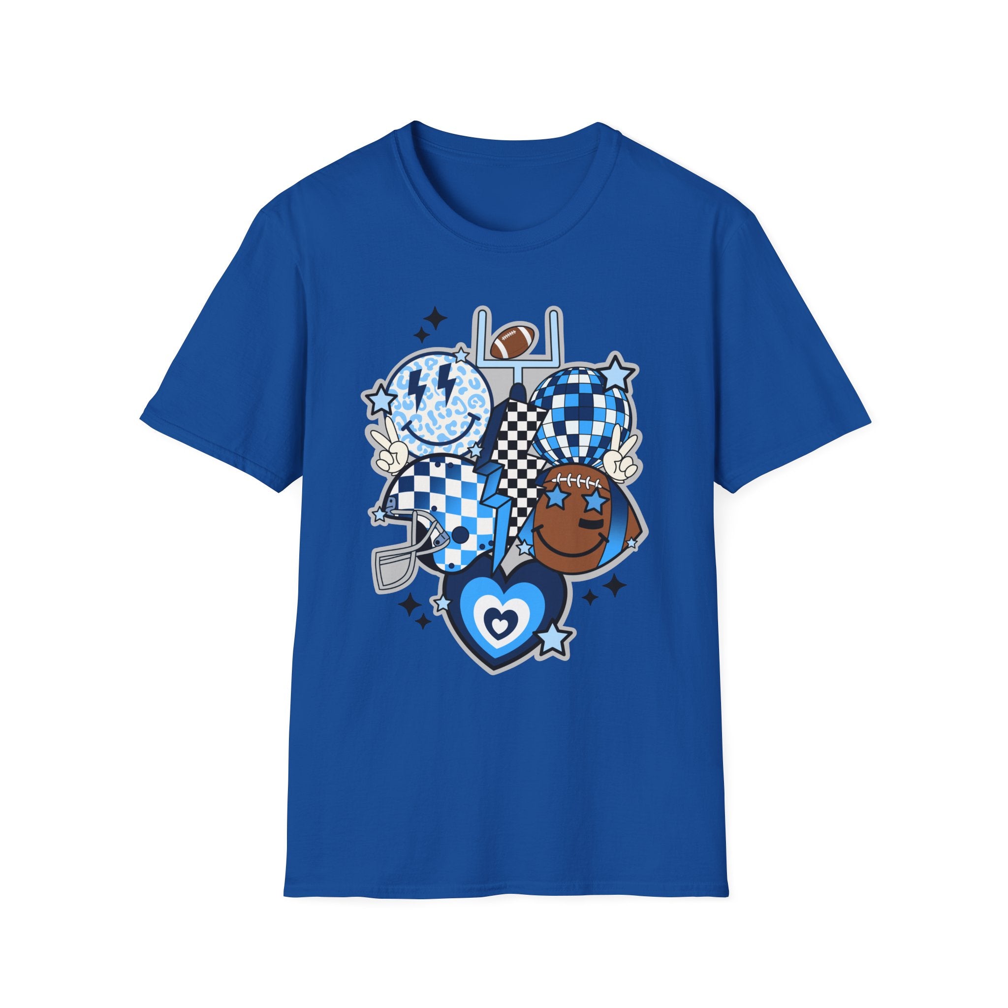 Blue Football Crew Graphic T‑Shirt — Checkerboard Smiley Tailgate Tee