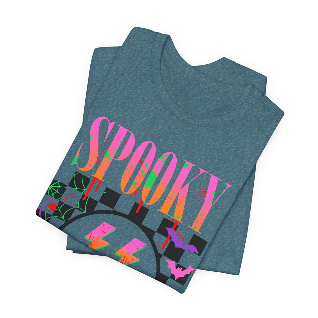 Spooky Checkerboard Tee — Neon Ghost Lightning Graphic T‑Shirt