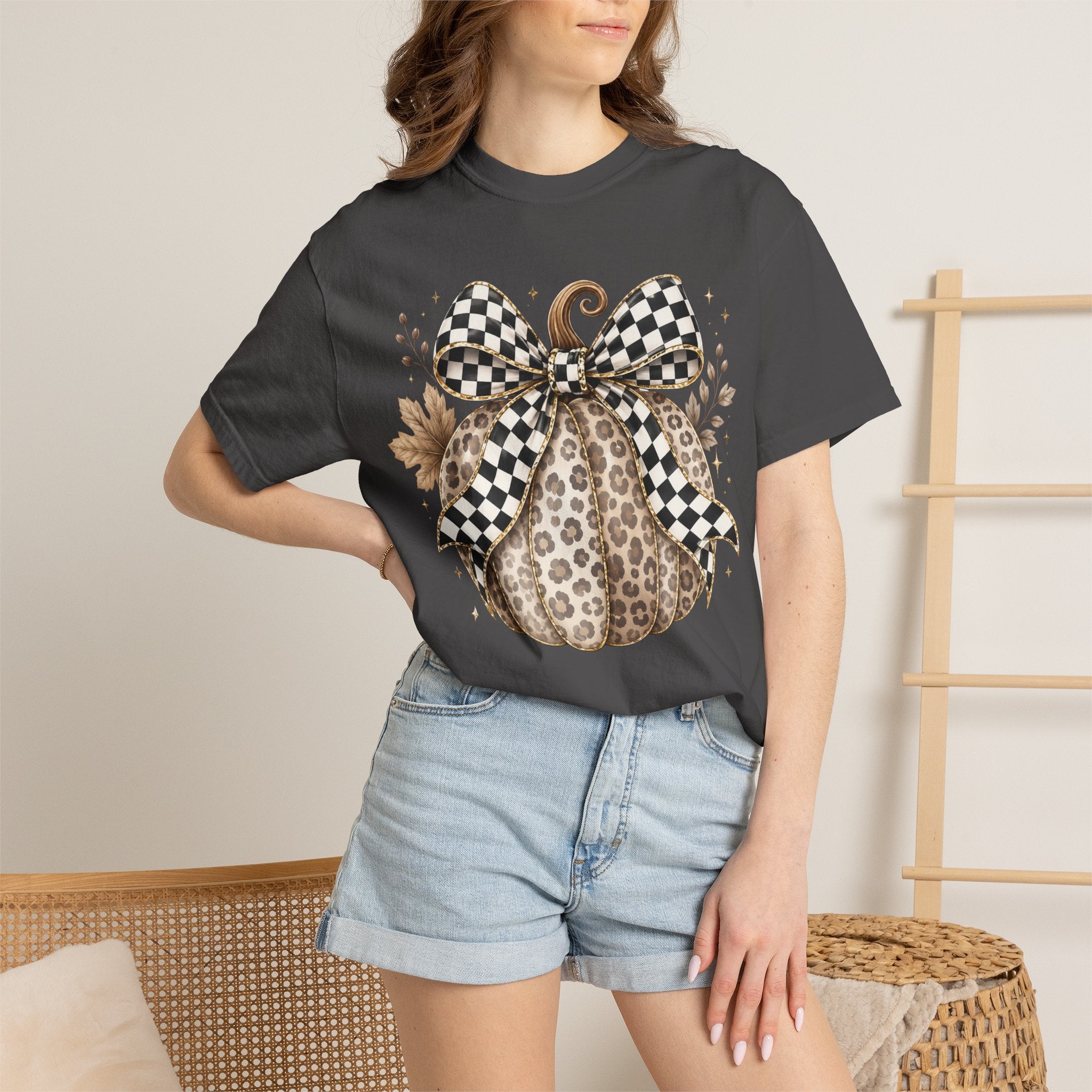 Leopard Pumpkin Tee with Black & White Check Bow — Fall Graphic T-Shirt