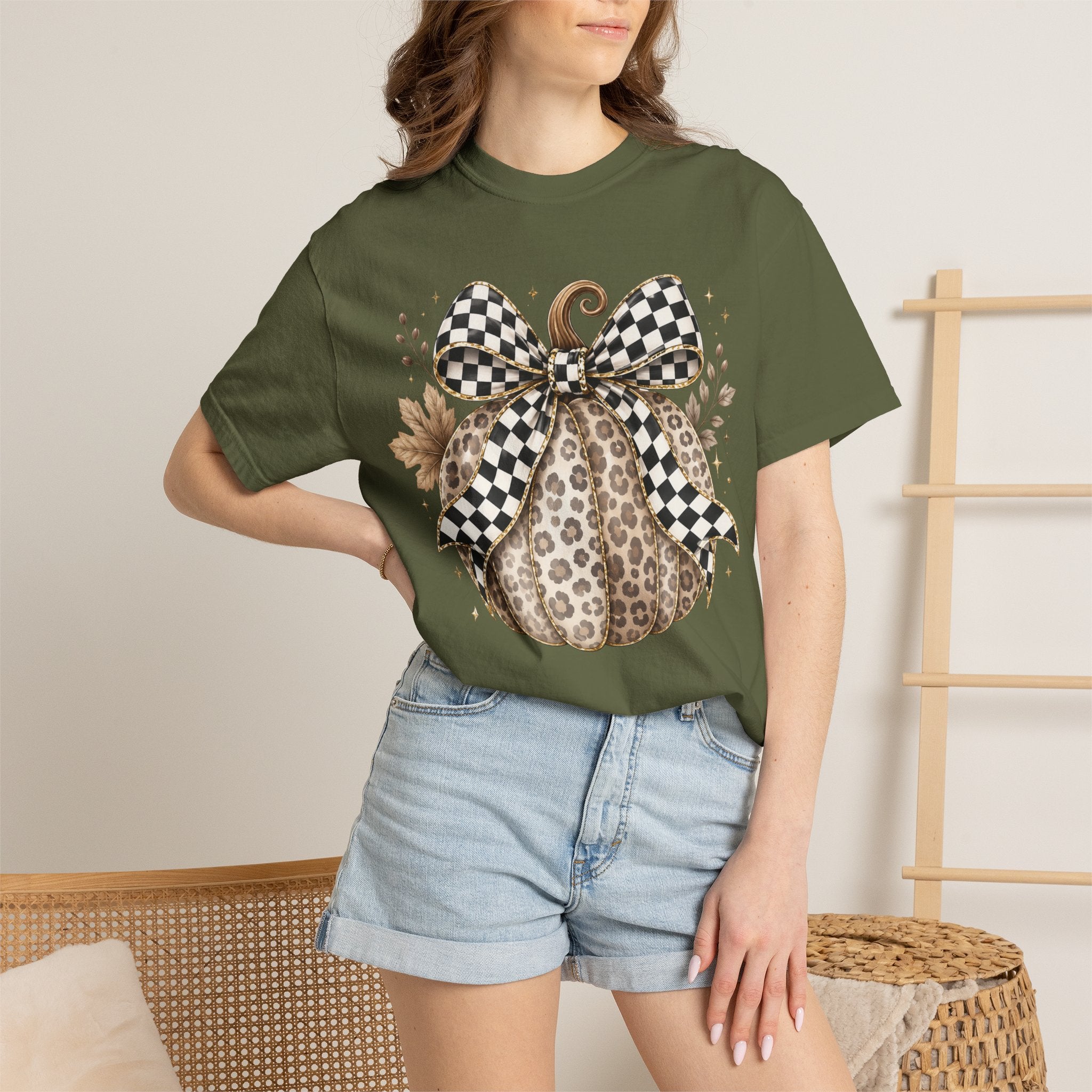 Leopard Pumpkin Tee with Black & White Check Bow — Fall Graphic T-Shirt