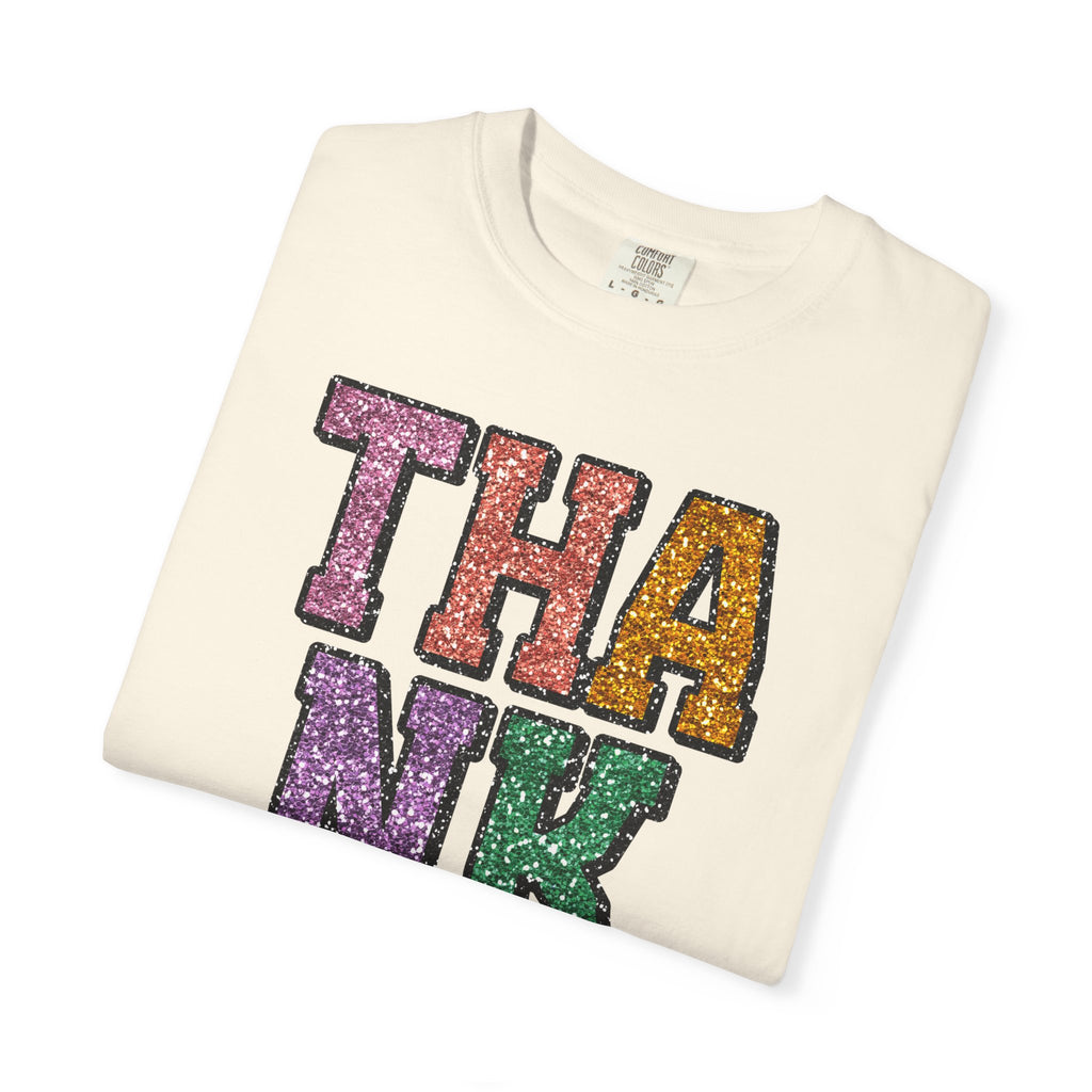 Thankful Glitter Block Tee - Colorful Thanksgiving Gratitude T-Shirt