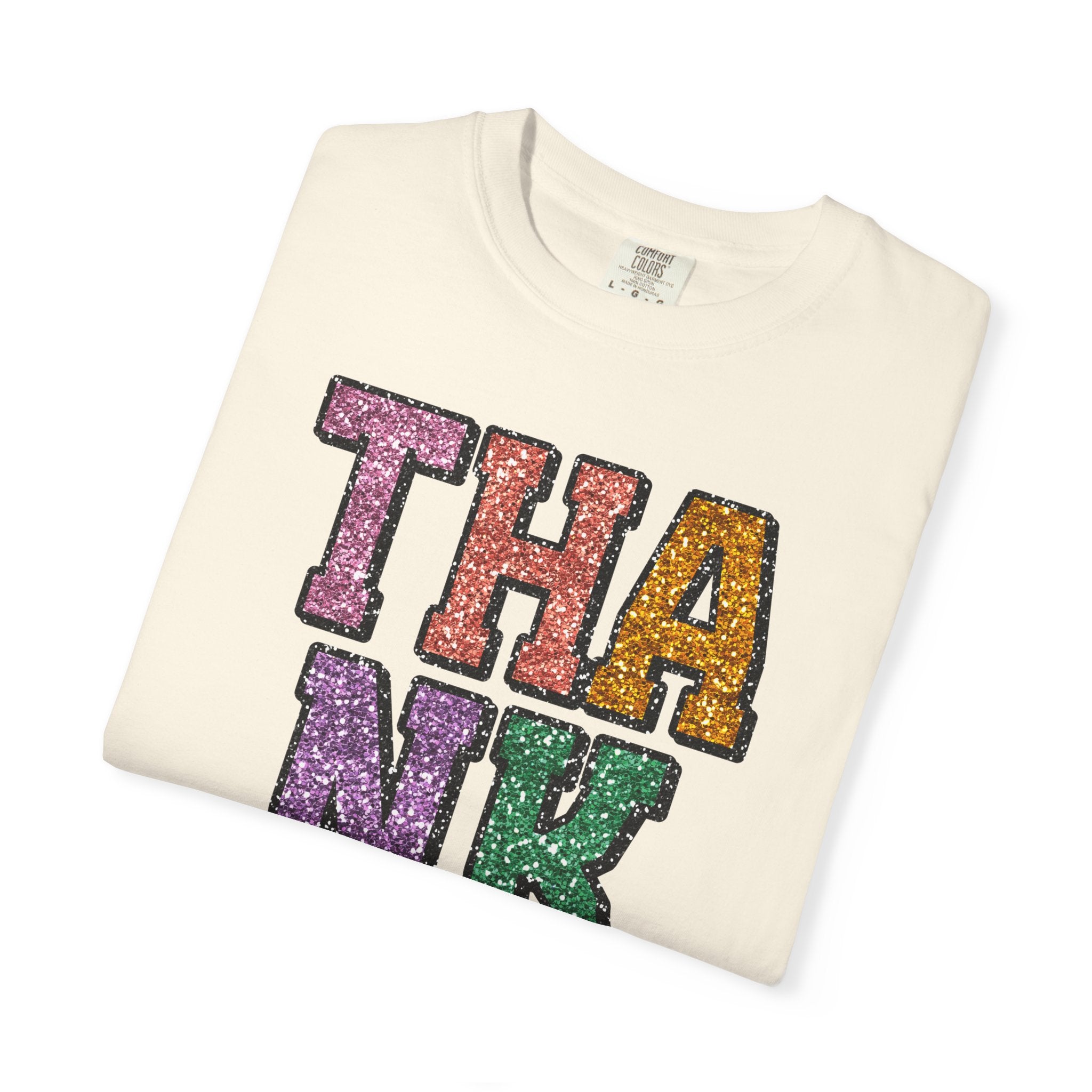 Thankful Glitter Block Tee - Colorful Thanksgiving Gratitude T-Shirt