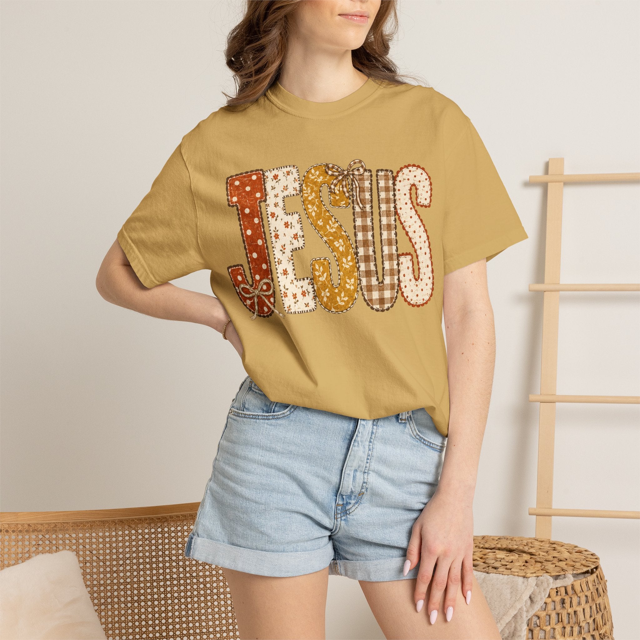 Jesus Patchwork T‑Shirt — Retro Plaid & Paisley Faith Tee