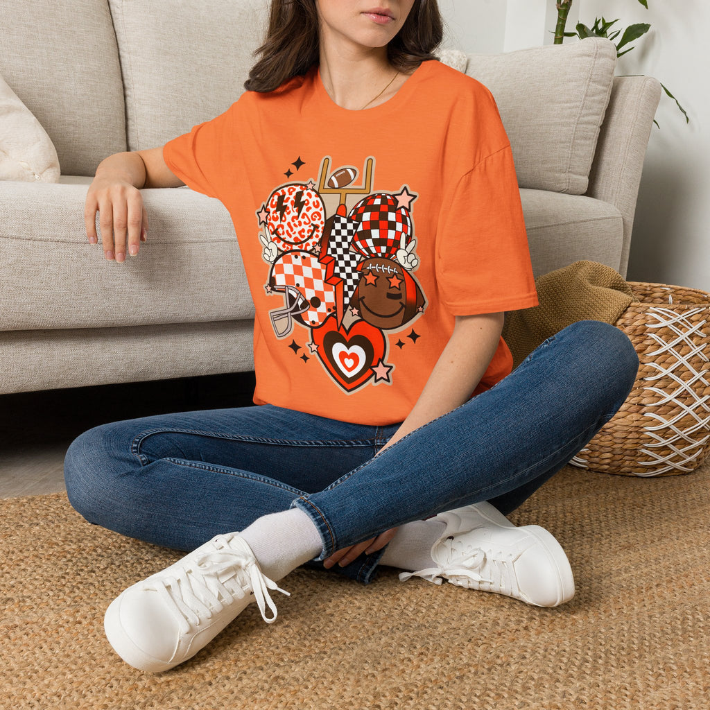 Checker Football Balloons Tee — Orange Game Day Shirt