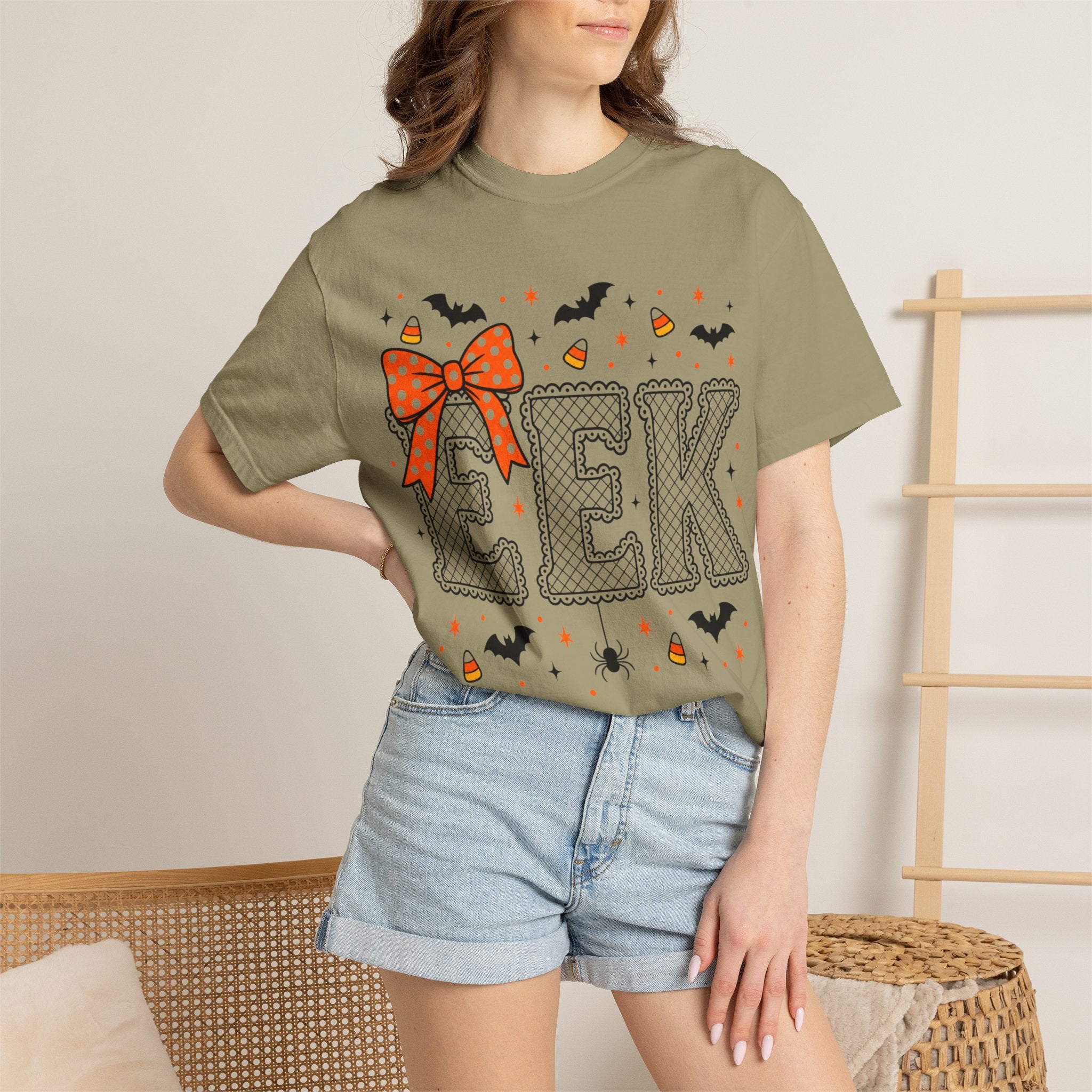 Halloween "EEK" T-Shirt with Orange Bow & Candy Corn Design