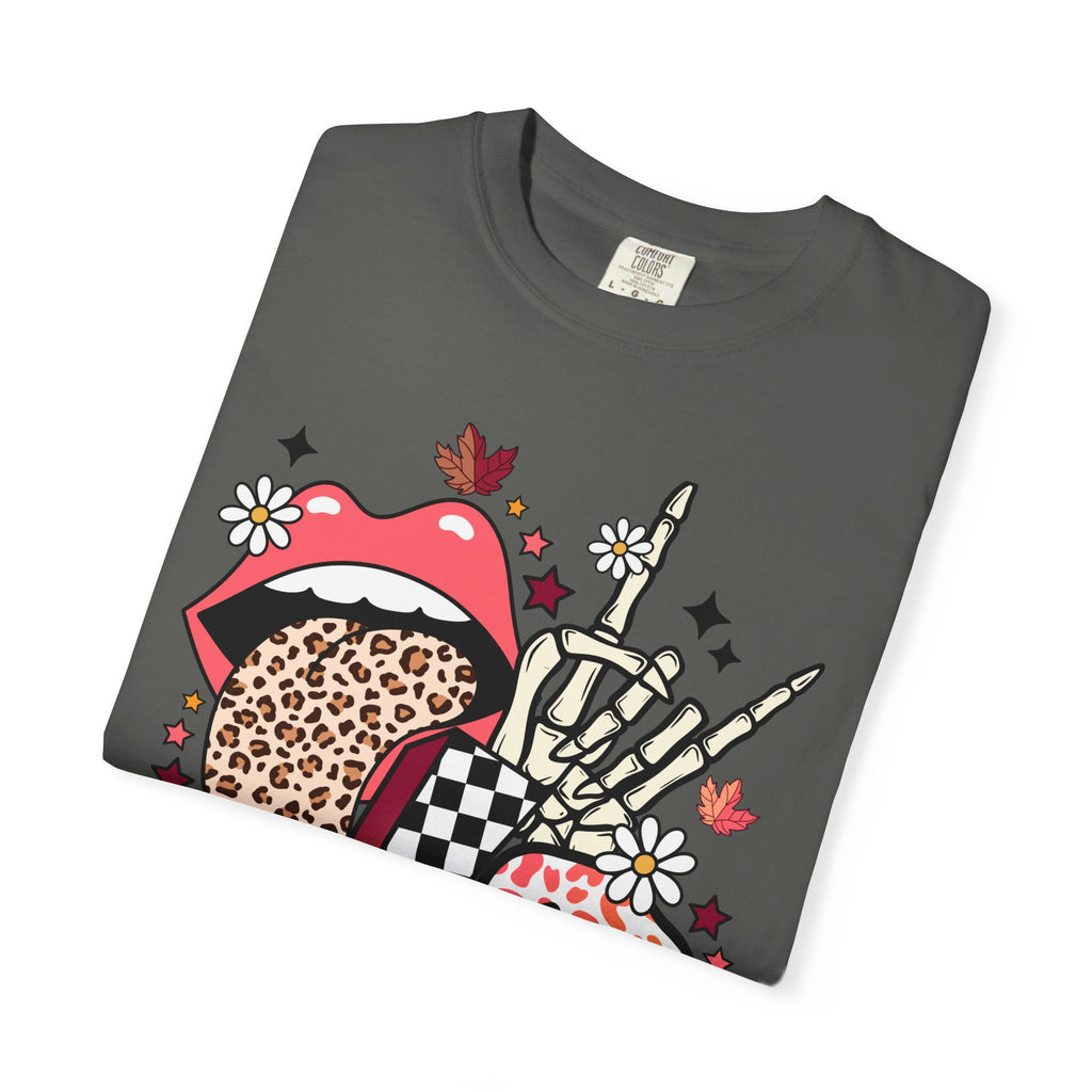 Graphic T-Shirt — Retro Halloween Collage (pumpkin, melting skull, checkerboard, leopard tongue)
